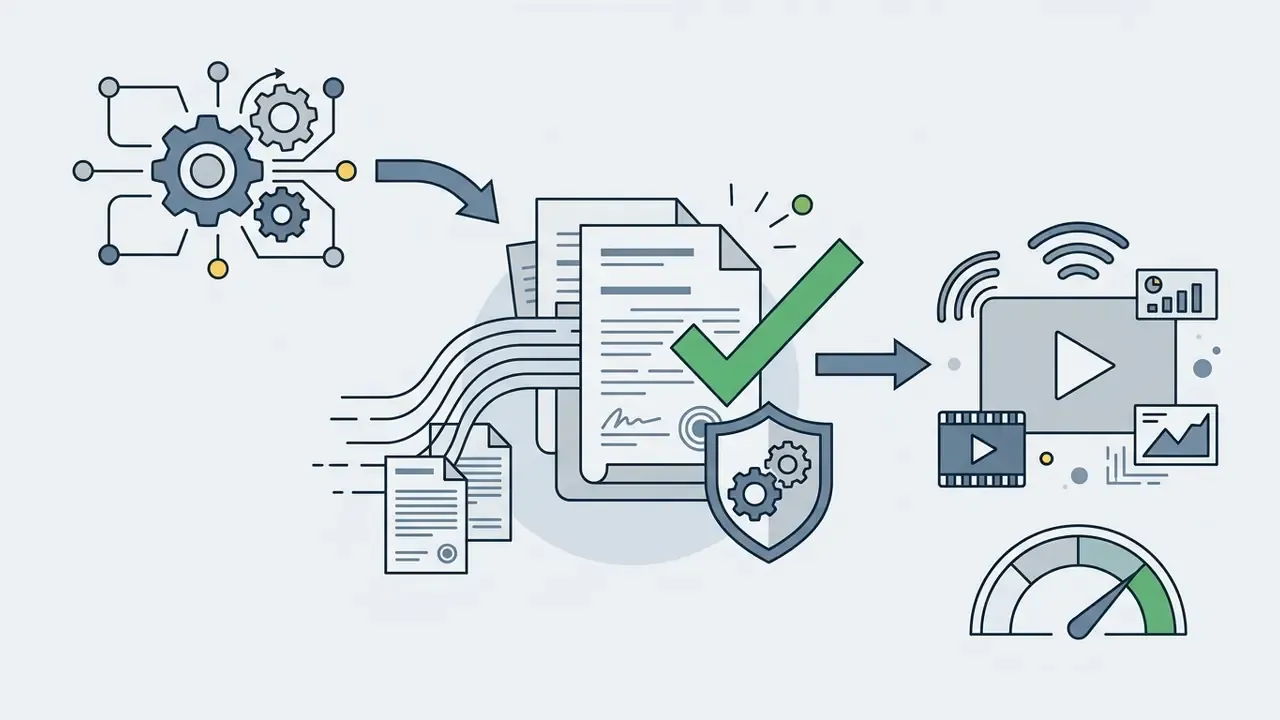 Gears and documents feeding into a protected contract leading to video media and a performance gauge