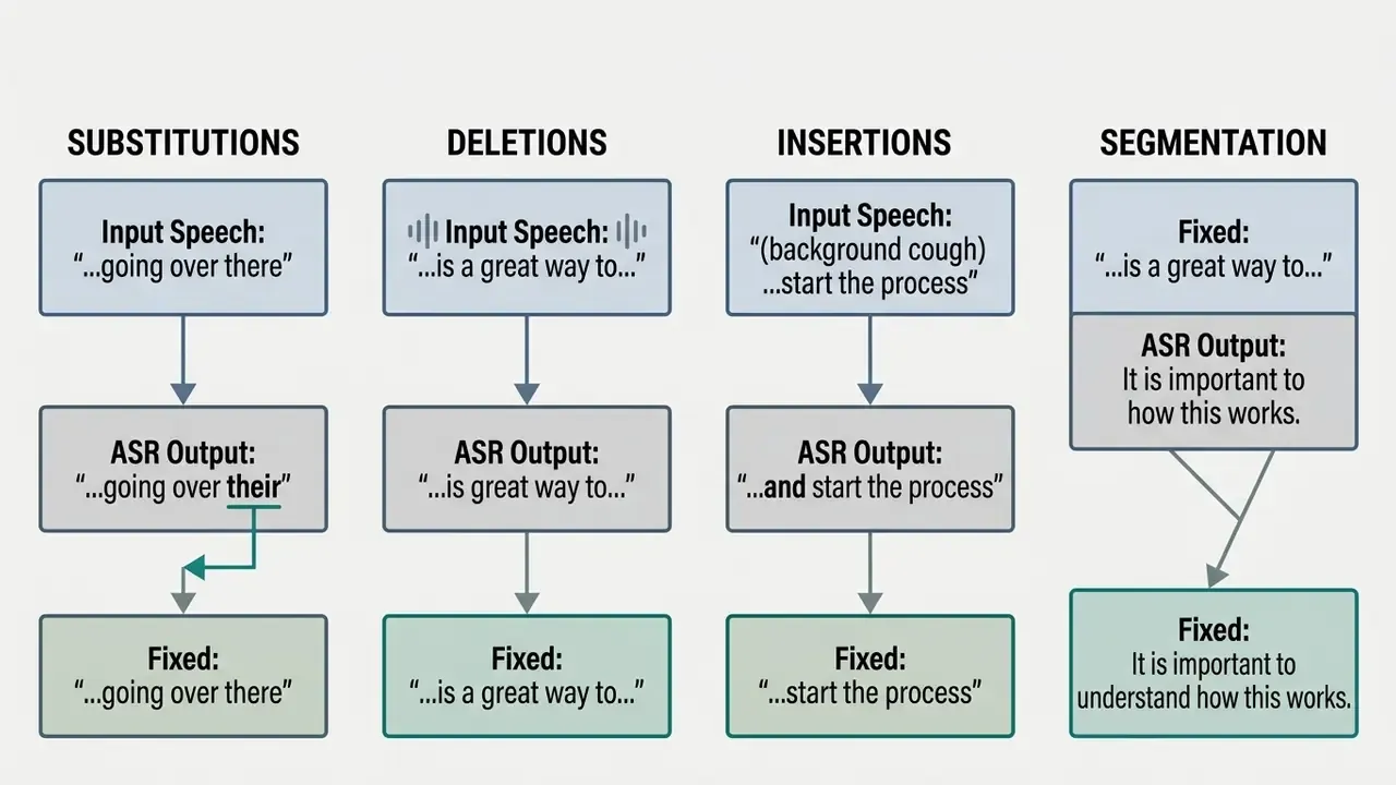 Four columns detailing common ASR transcription error types including substitutions, deletions, and insertions