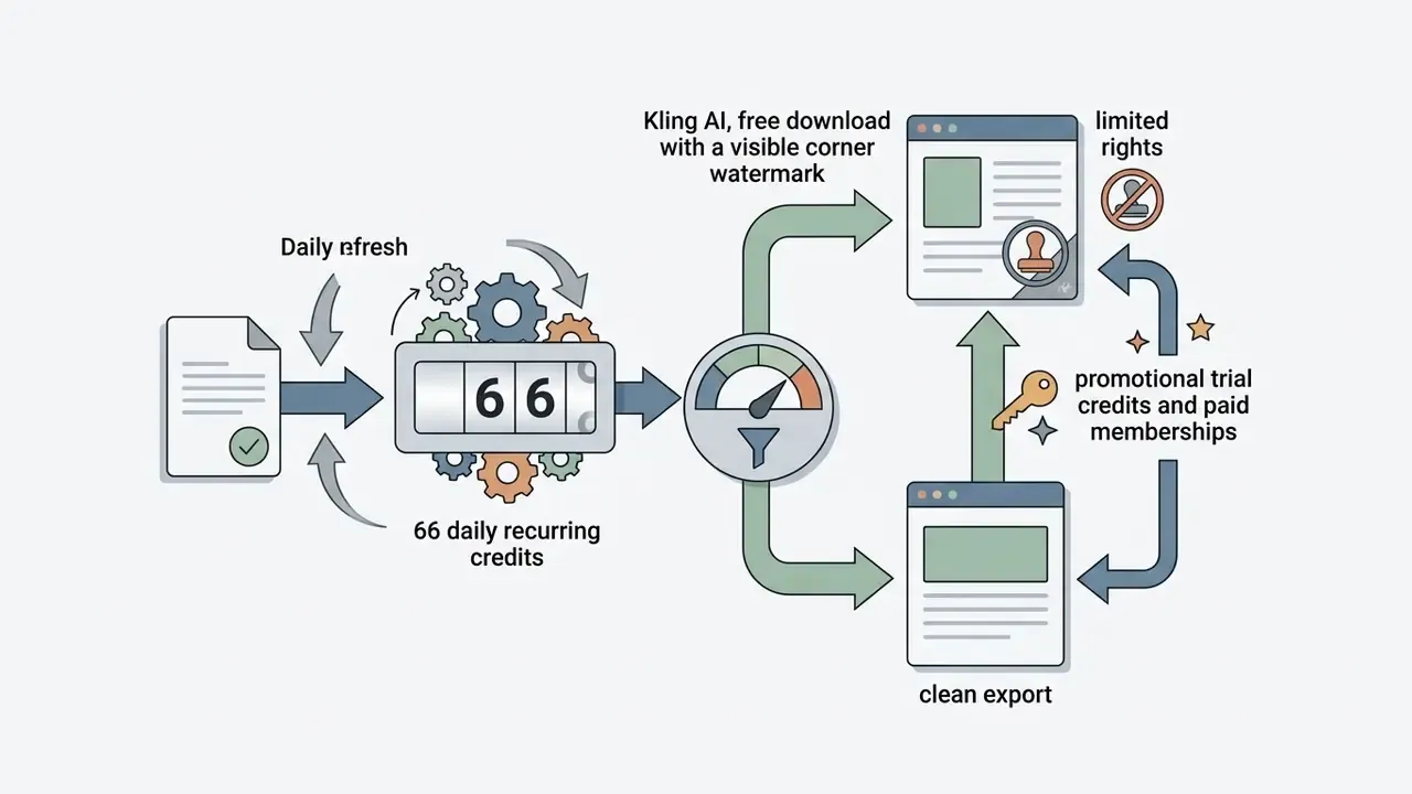 Diagram showing how daily AI credits transition from watermarked free downloads to clean export versions