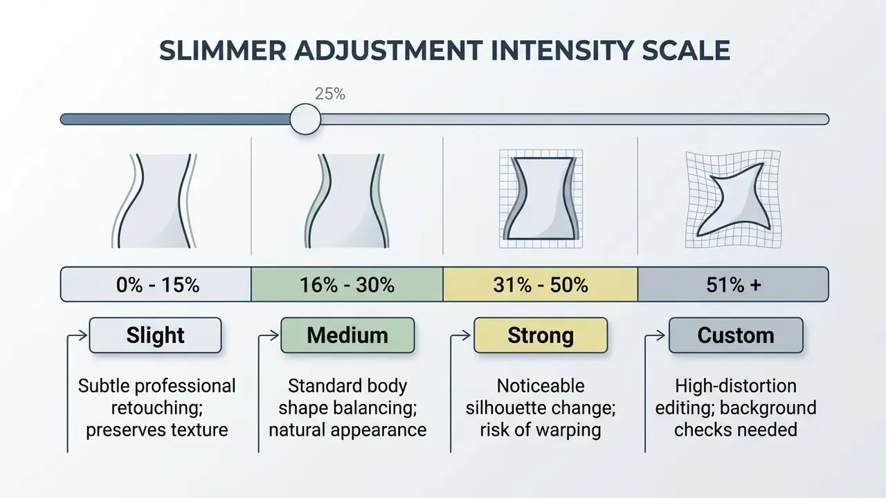 Slider interface showing four levels of body slimming intensity with corresponding visual examples