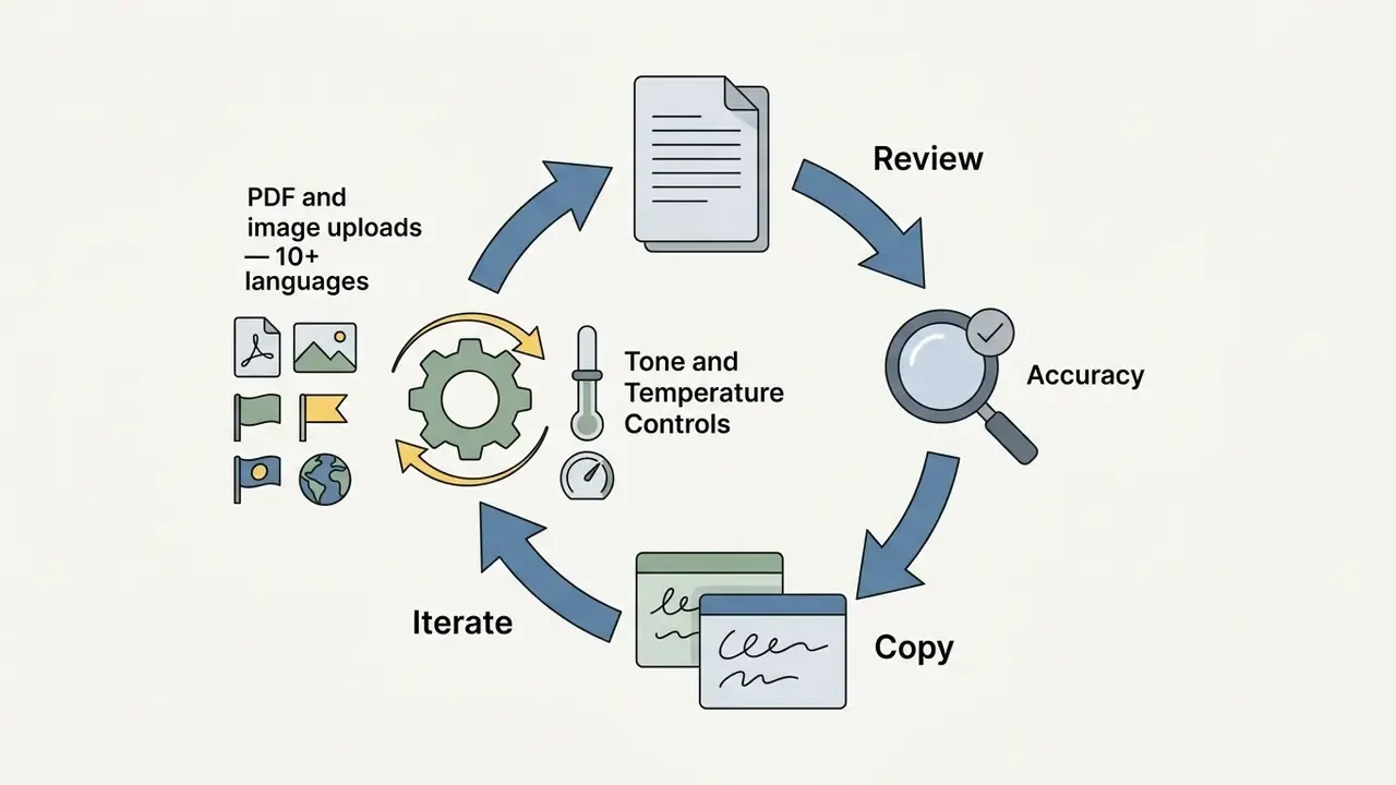 Circular workflow showing file uploads, gear adjustments, and review steps for content refinement