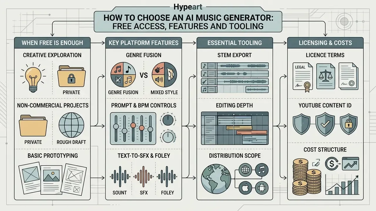 Flowchart detailing criteria for selecting audio software including usage, features, tools, and pricing