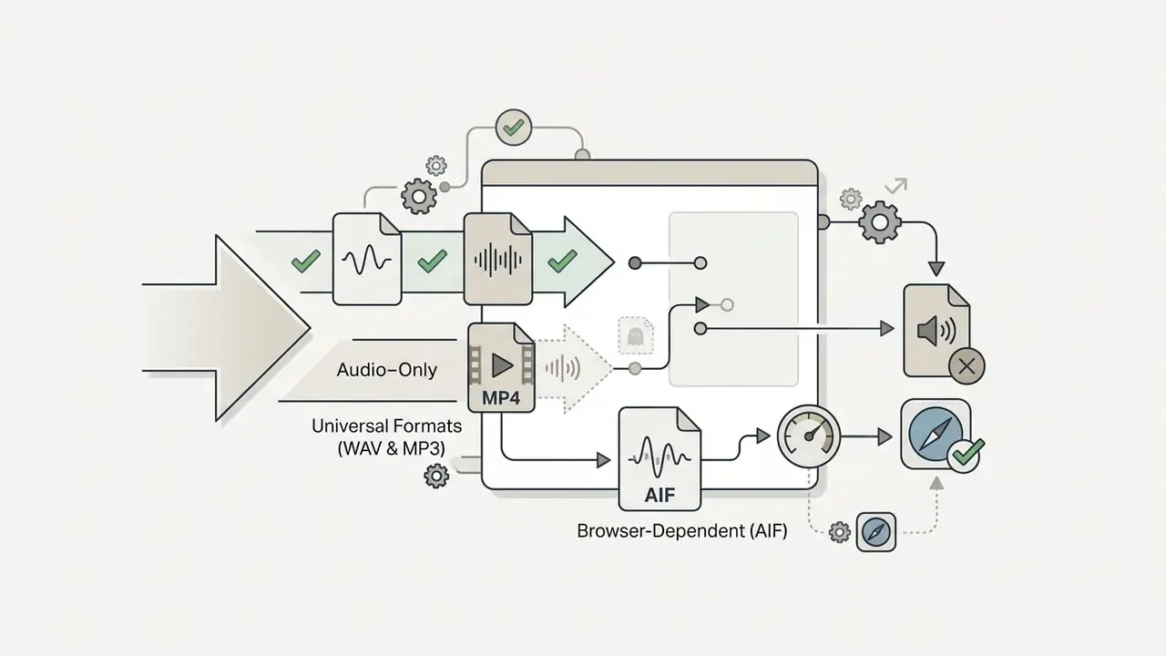 Workflow showing audio file processing for web applications with universal and browser-specific formats
