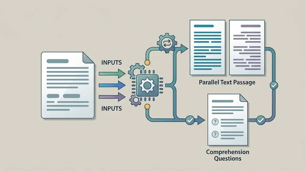 Document feeding into a processor that generates parallel text passages and comprehension questions