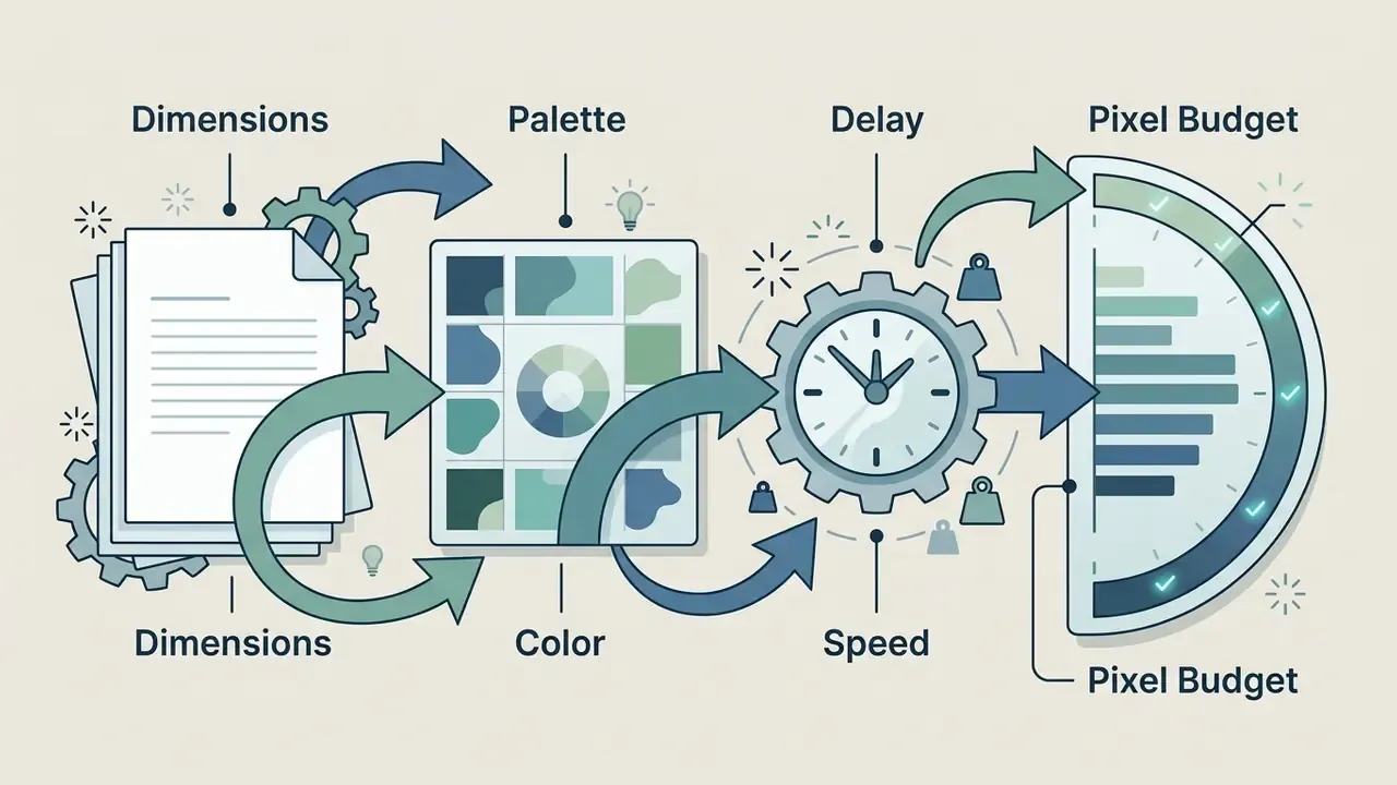 Sequential process showing how adjustments to dimensions, palette, and speed impact the final pixel budget