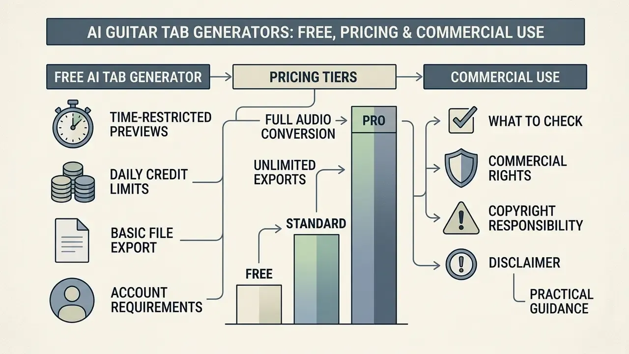 Flowchart showing free model limitations, subscription pricing tiers, and commercial licensing considerations