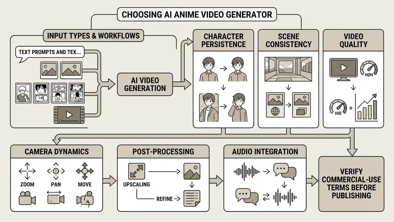 Diagram showing technical criteria for evaluating animation tools including consistency and post-processing
