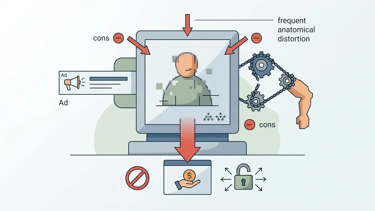 Screen showing pixelated human figure with ads and gears representing anatomical distortion and limitations