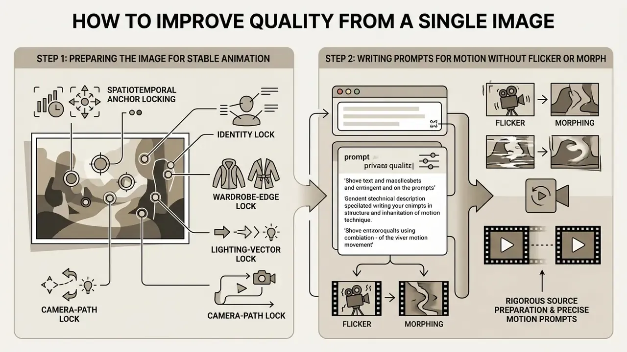 Two-step guide illustrating image preparation techniques and prompt writing for stable AI video generation