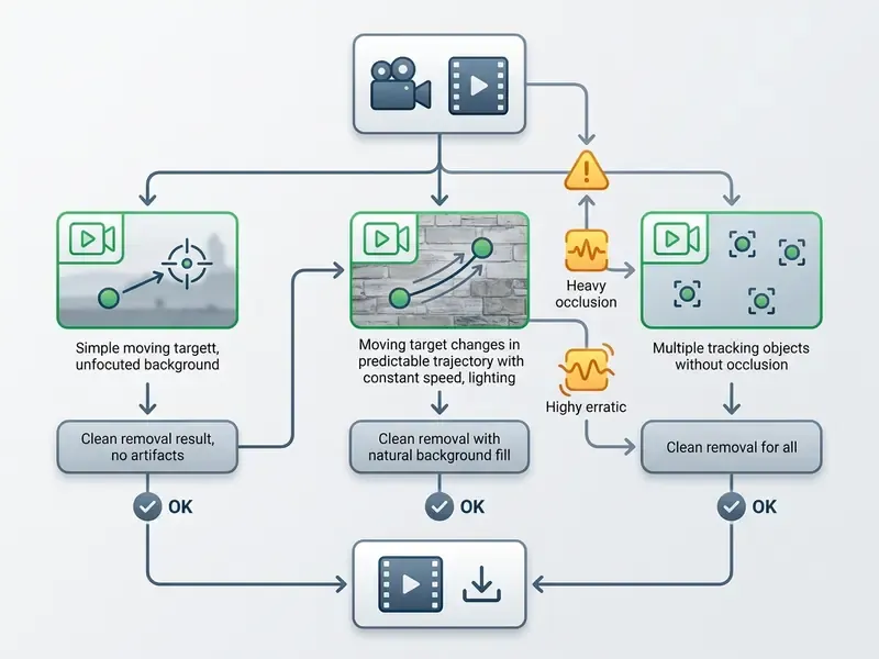 Flowchart illustrating the AI video object removal process for various tracking and occlusion scenarios