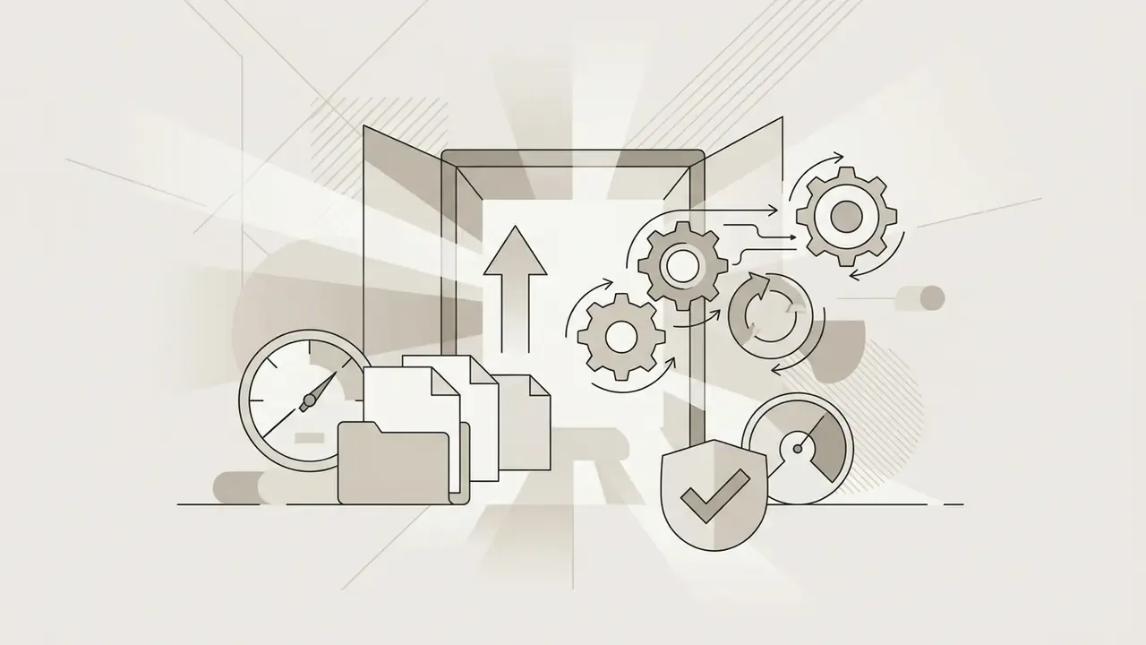 Open door with document icons, gear mechanisms, a gauge, and a shield symbol on a light background