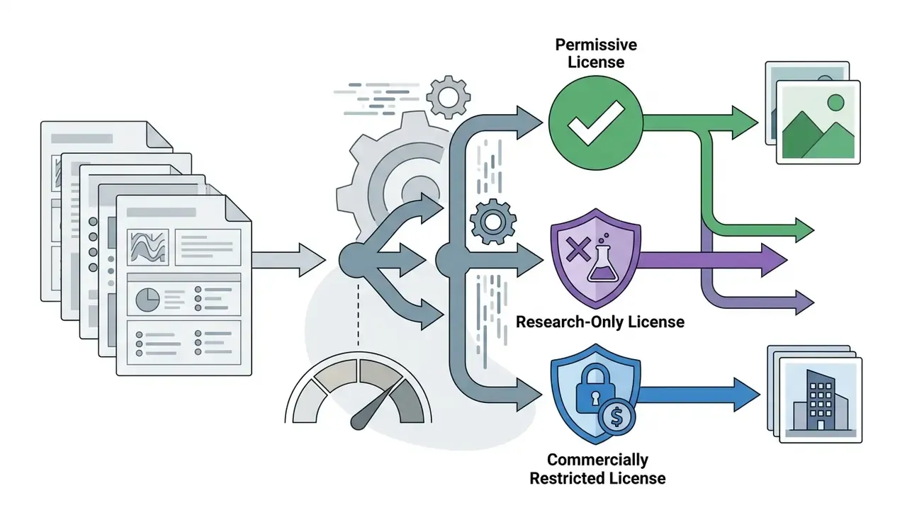 Documents flowing into a decision path that categorizes models by permissive, research, or commercial use