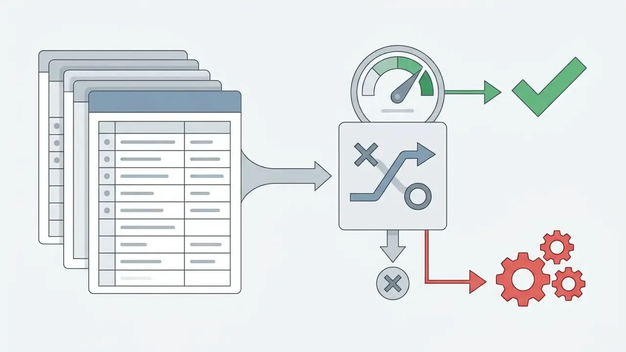 Multiple list pages flowing into a routing processor that directs valid items to a gauge and checkmark