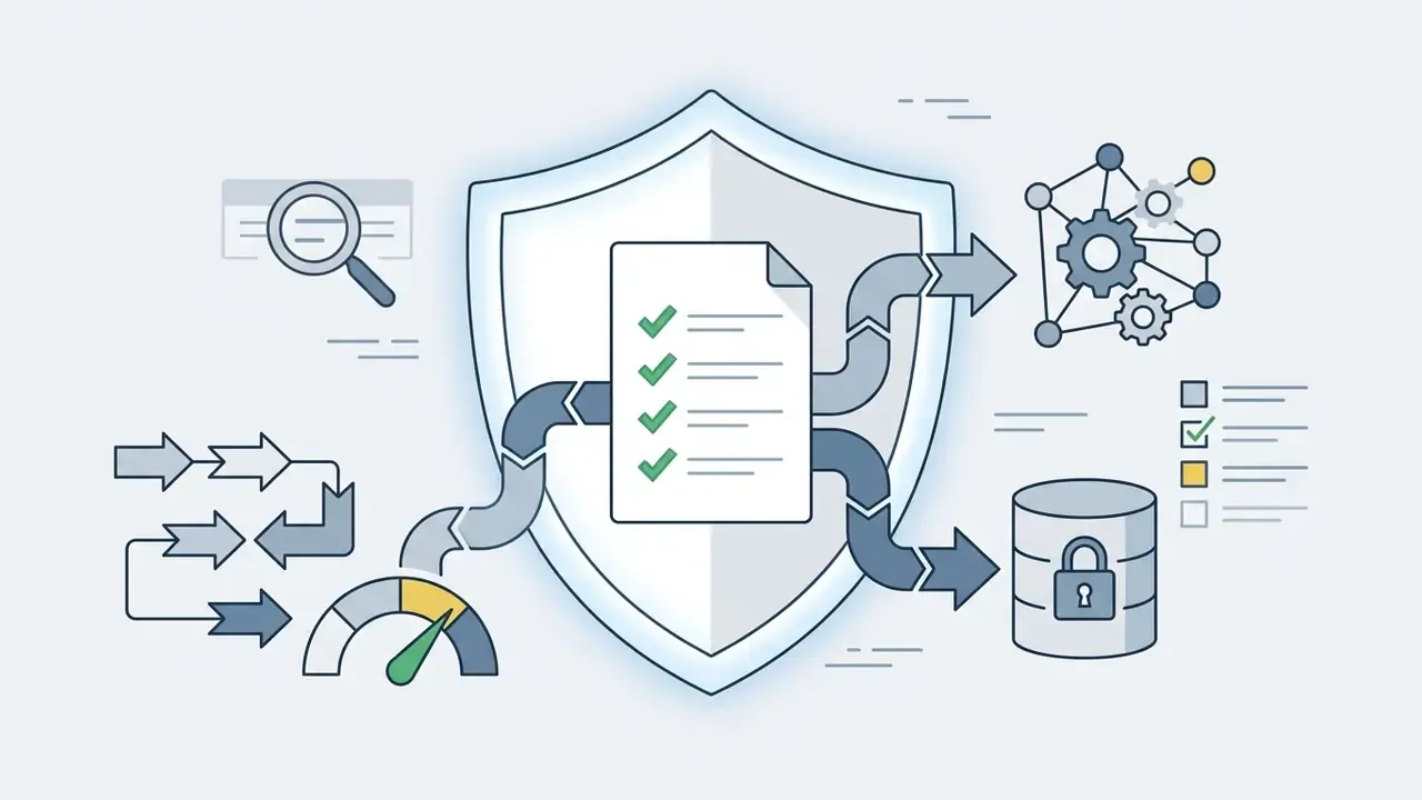 Shield icon centered among data flow arrows, a document with checkmarks, a gauge, and a secured database