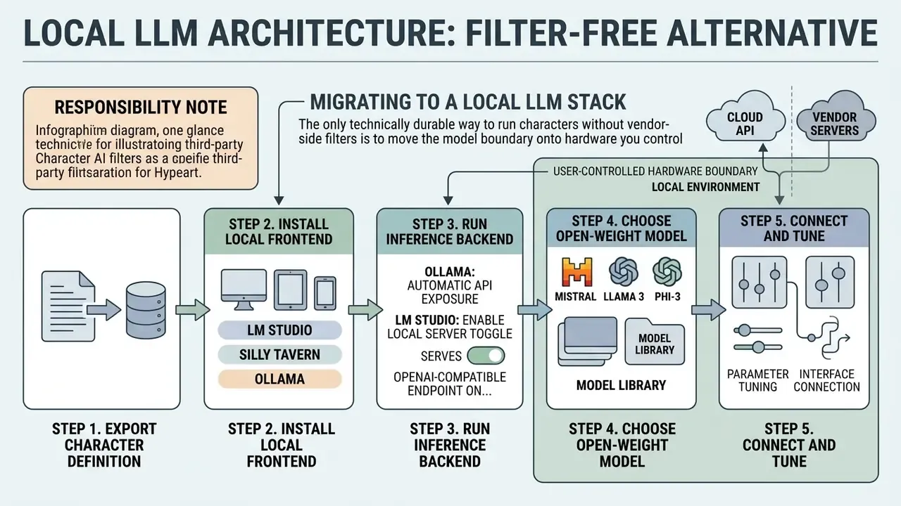 Five-step process diagram for migrating character models to a local hardware stack to bypass filters