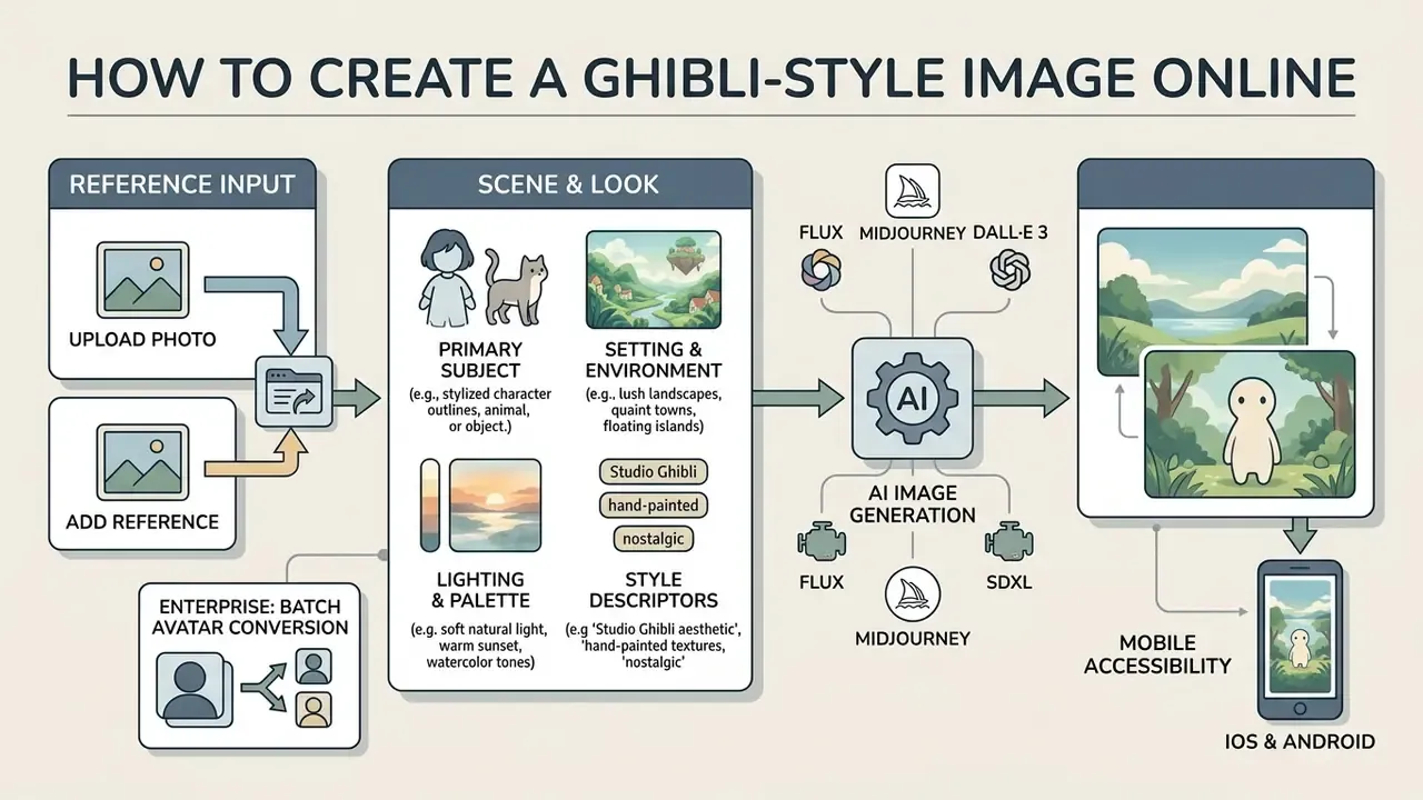 Step by step process diagram for using a Ghibli style image generator AI from input to mobile output