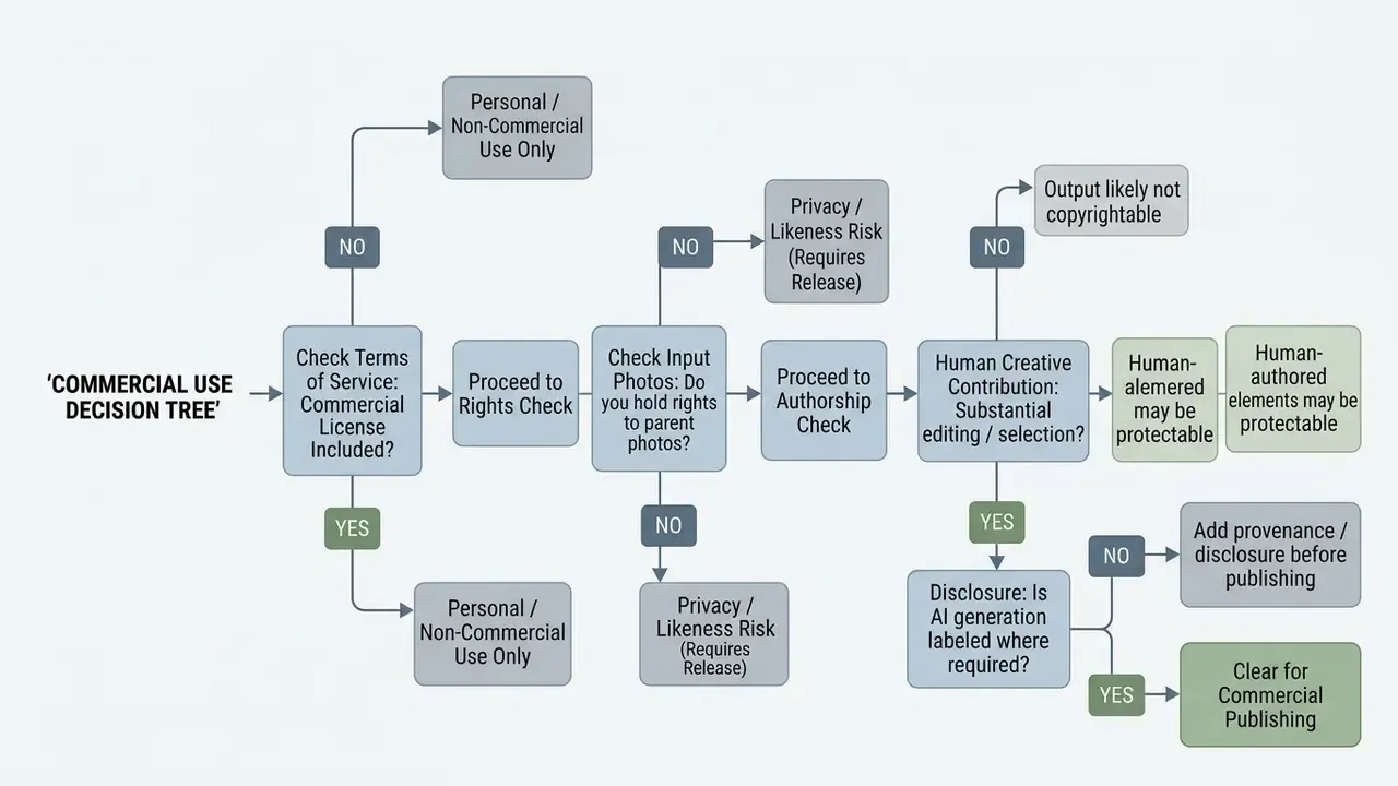 Decision tree flowchart outlining the legal steps for determining commercial rights of generated images