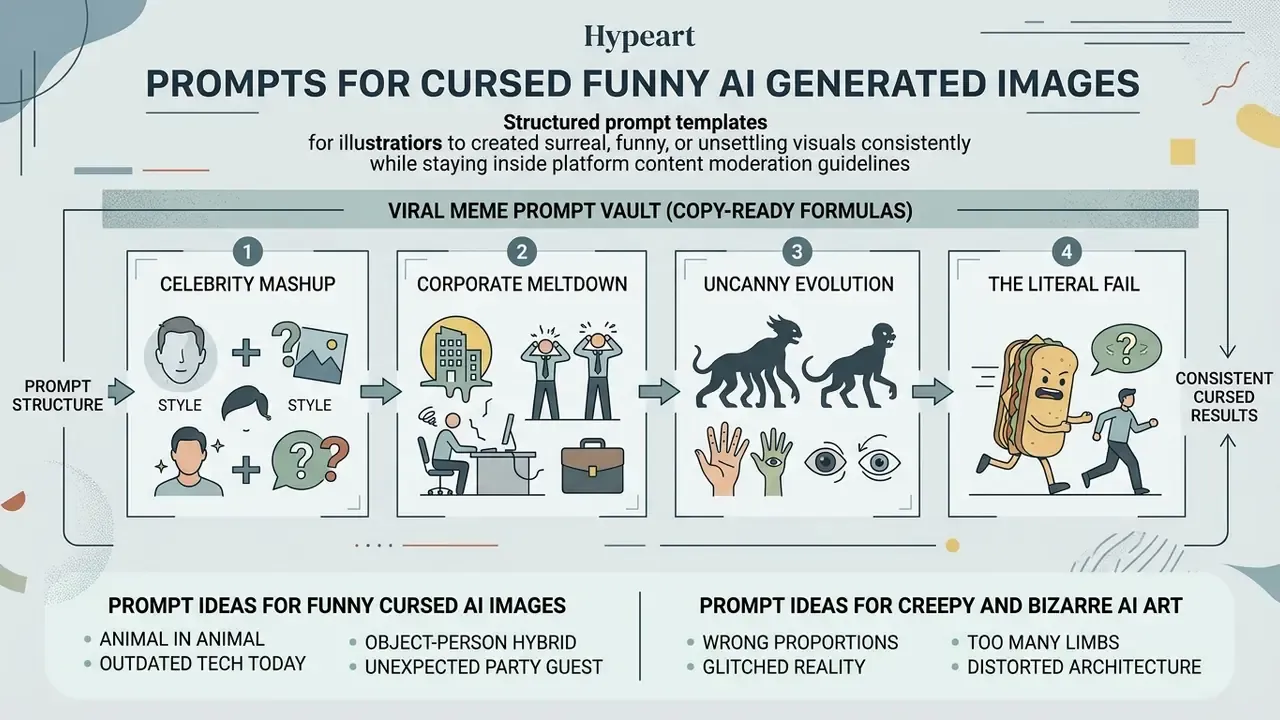 Structured guide showing four numbered prompt formulas for creating surreal and unsettling digital visuals