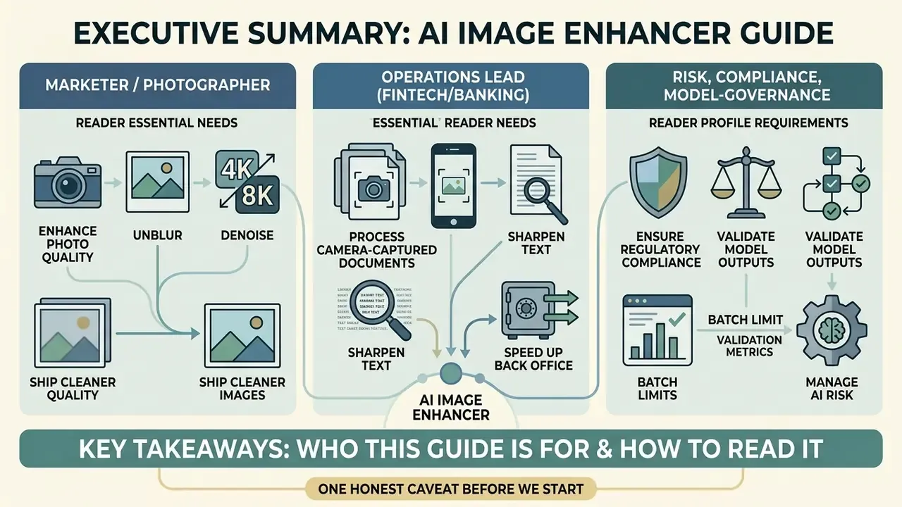 Infographic showing three reader profiles and their specific needs for an AI image enhancer tool