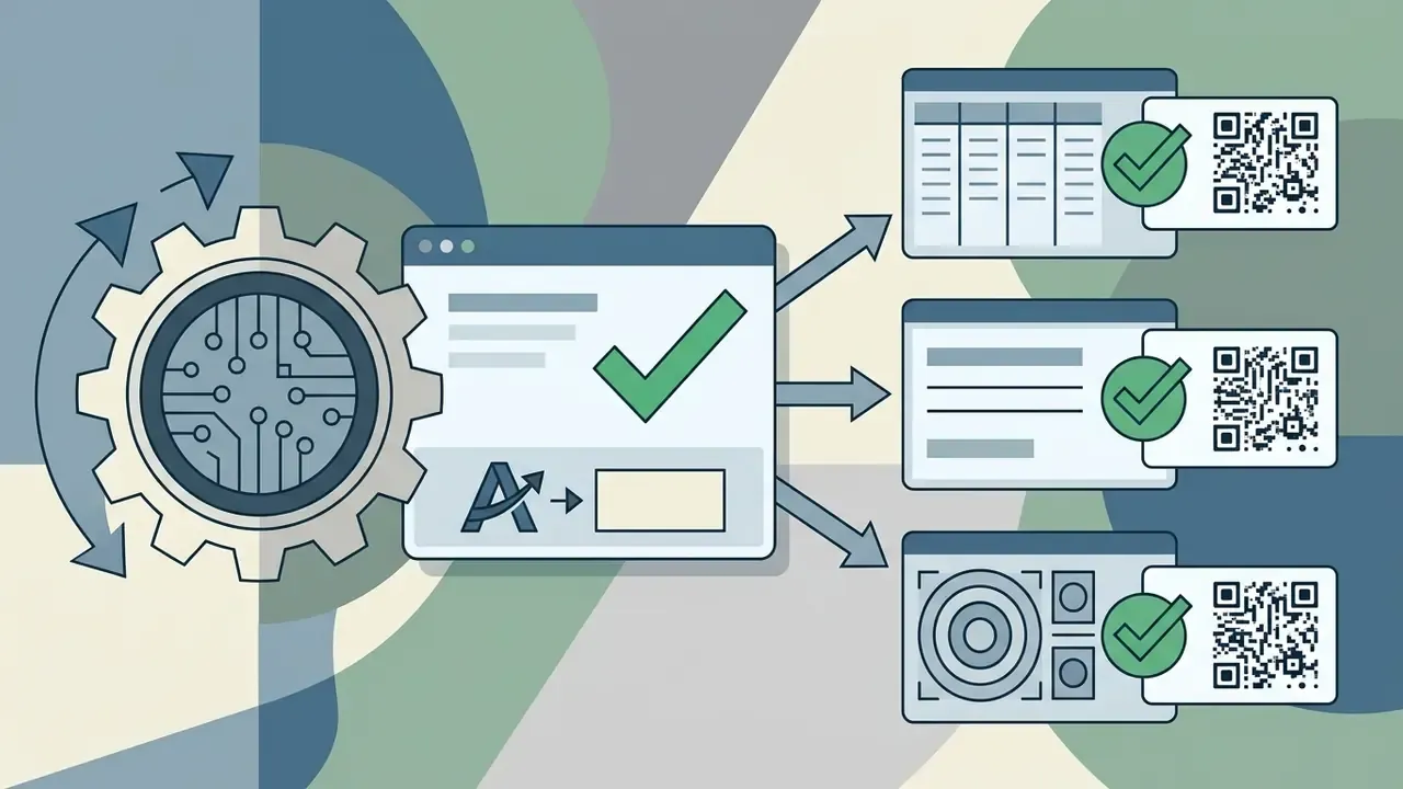 Central processing gear connecting to digital documents marked with green checkmarks and QR codes