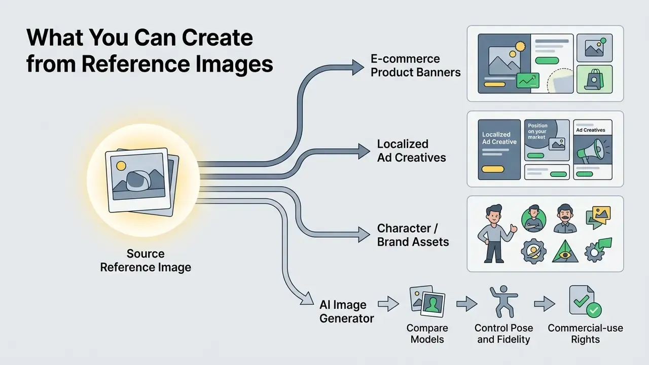 Diagram showing how a source reference image feeds into e-commerce banners, localized ads, and brand assets
