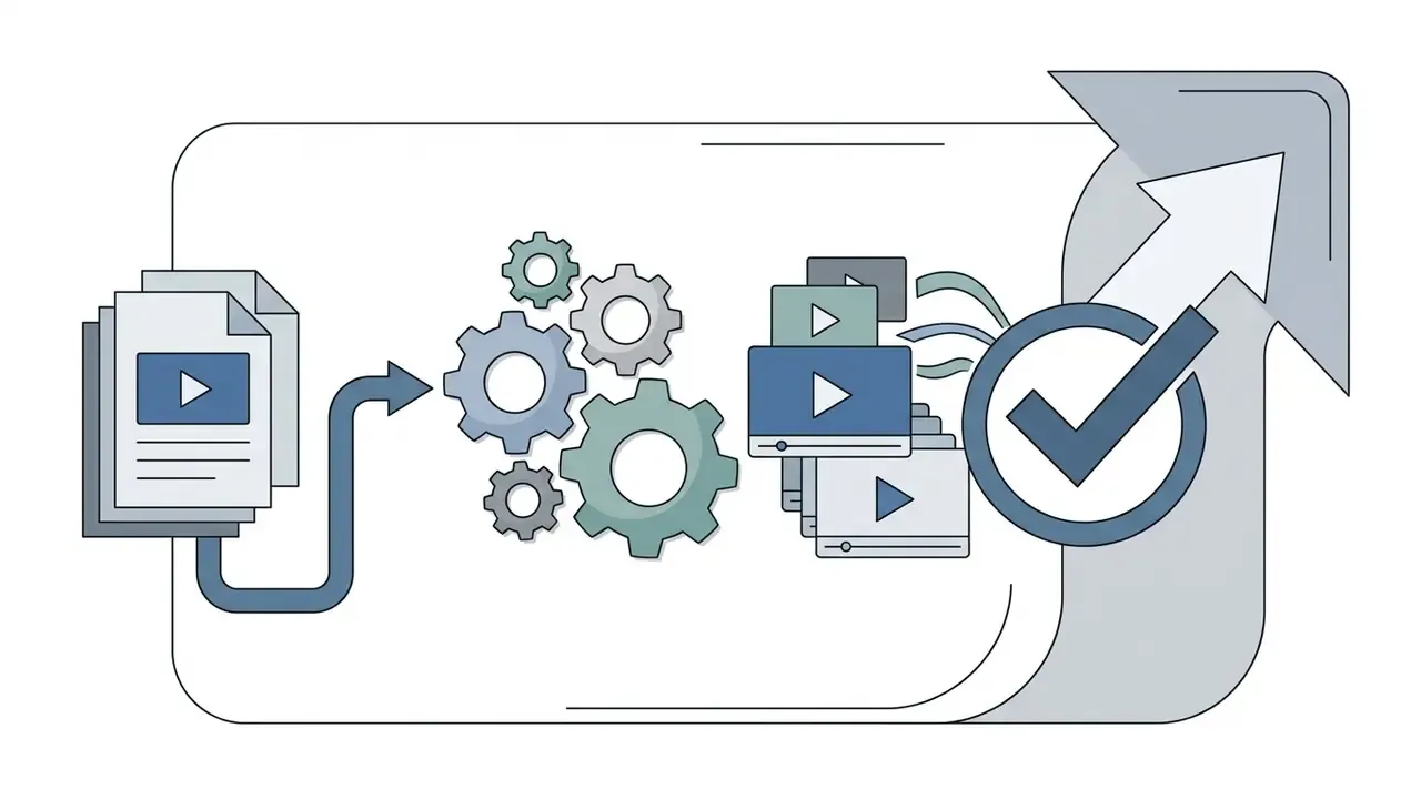 Scripts feeding into a gear system to generate video clips that are finalized with a checkmark icon