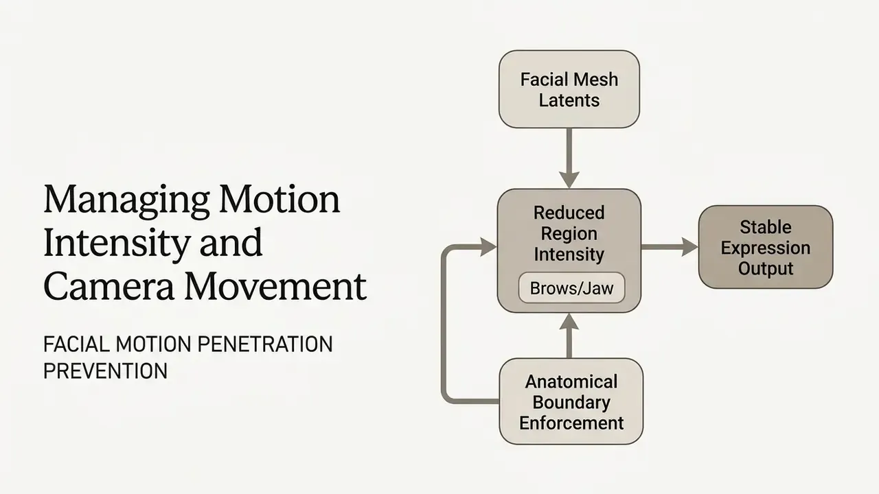 Logic flow diagram showing facial mesh latents and anatomical boundary enforcement for stable expression output