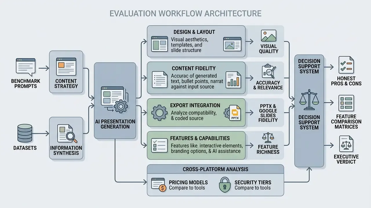 Flowchart detailing the benchmark evaluation pipeline for AI presentation tools and their output metrics