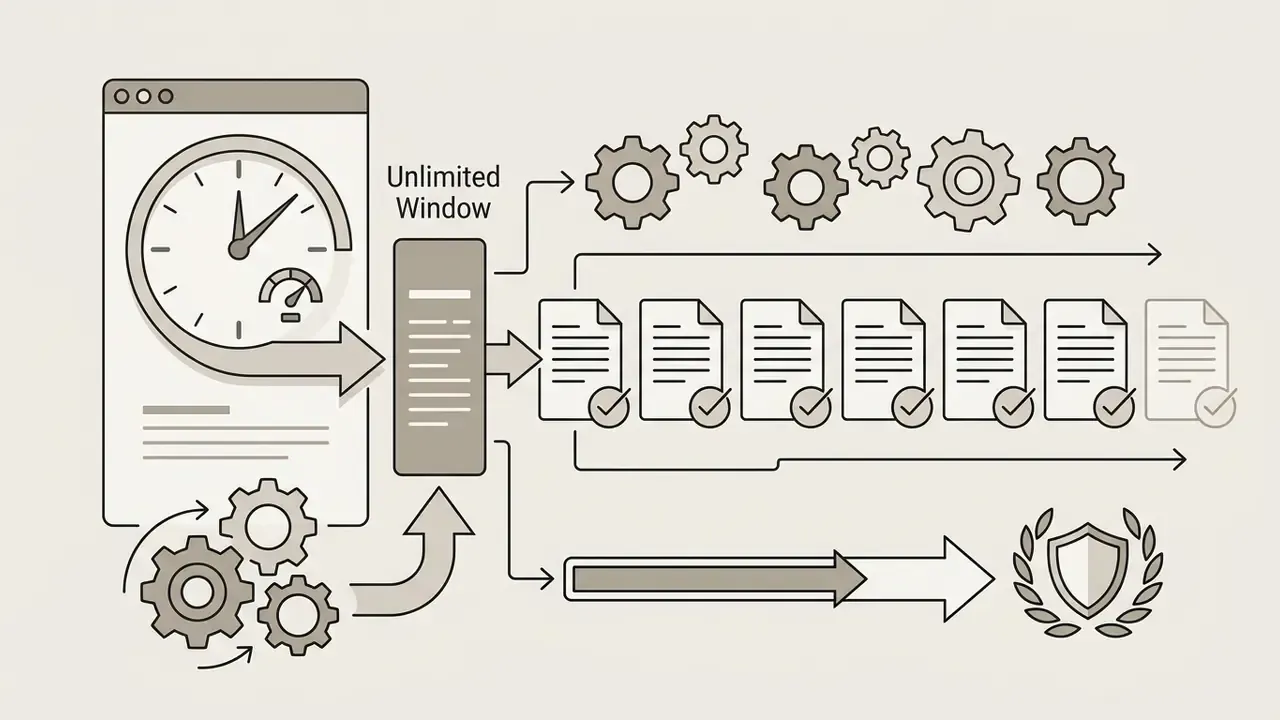 Clock and gears feeding into a central unit that branches into multiple checked documents and a shield icon