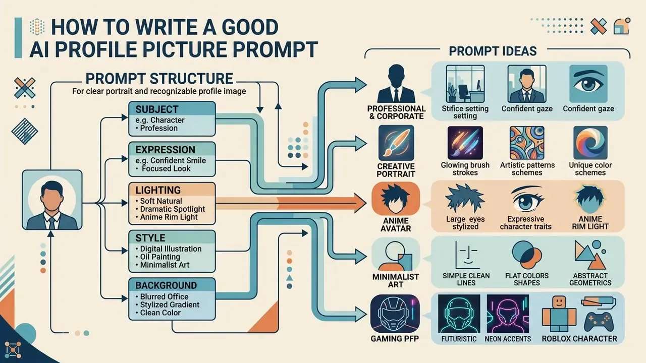 Infographic detailing components of a text prompt and corresponding visual examples for various styles