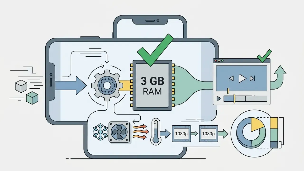 Smartphone processing 1080p video data using a 3 GB RAM chip with cooling for efficient playback