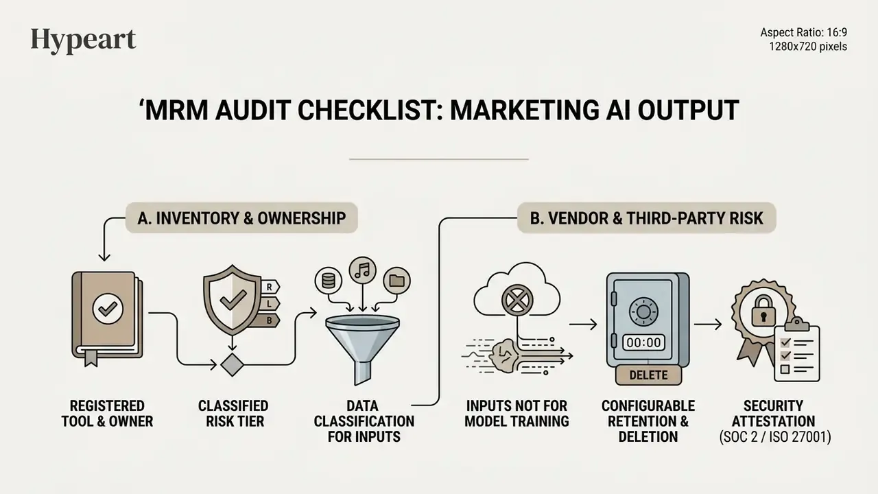 Checklist showing inventory ownership and vendor risk management steps for marketing AI output