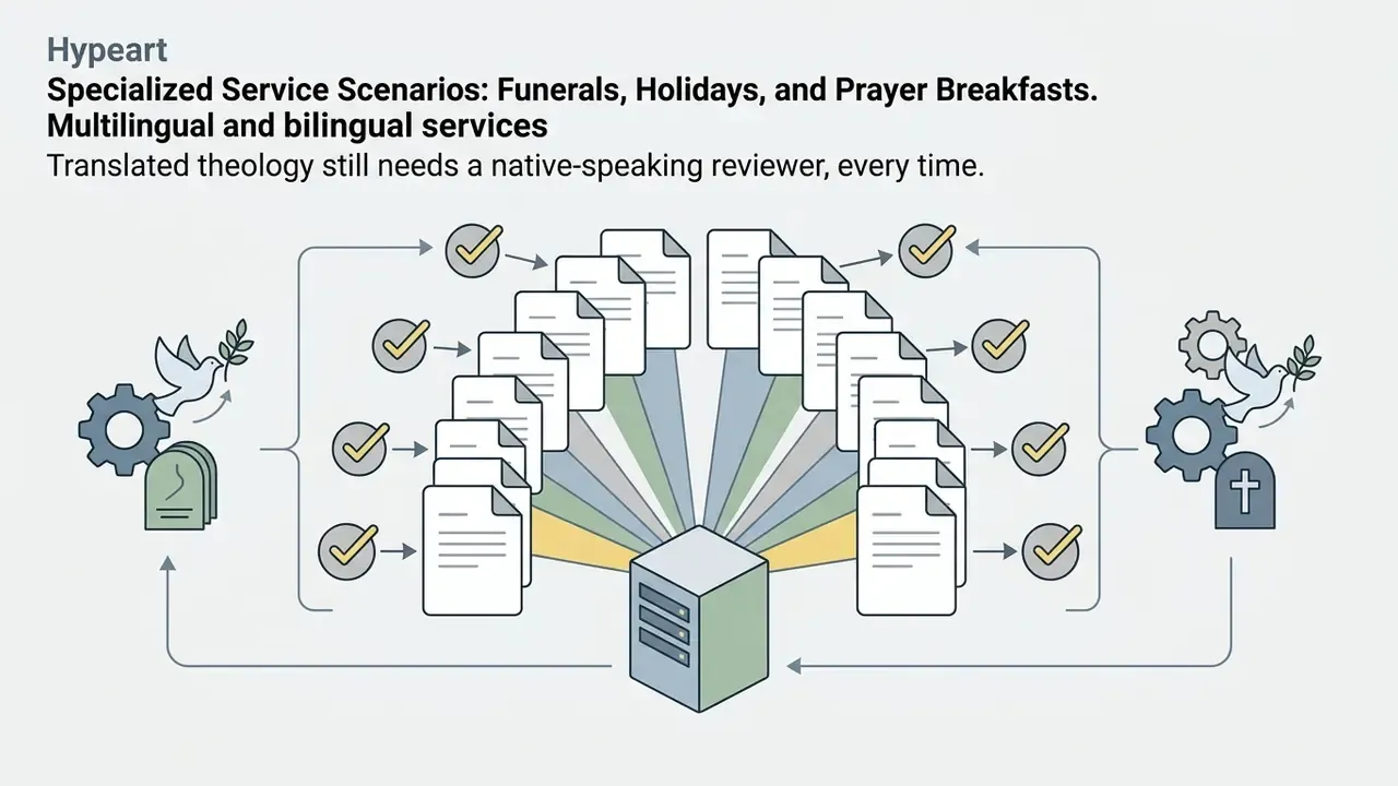 Central server radiating multiple documents to checkmark icons flanked by doves and funeral symbols
