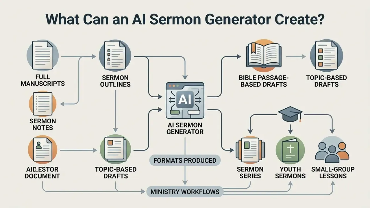 Diagram showing various ministry resources like manuscripts and lesson plans generated by AI tools
