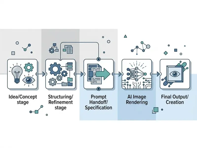 Linear five-stage workflow diagram showing the progression from concept to final visual creation