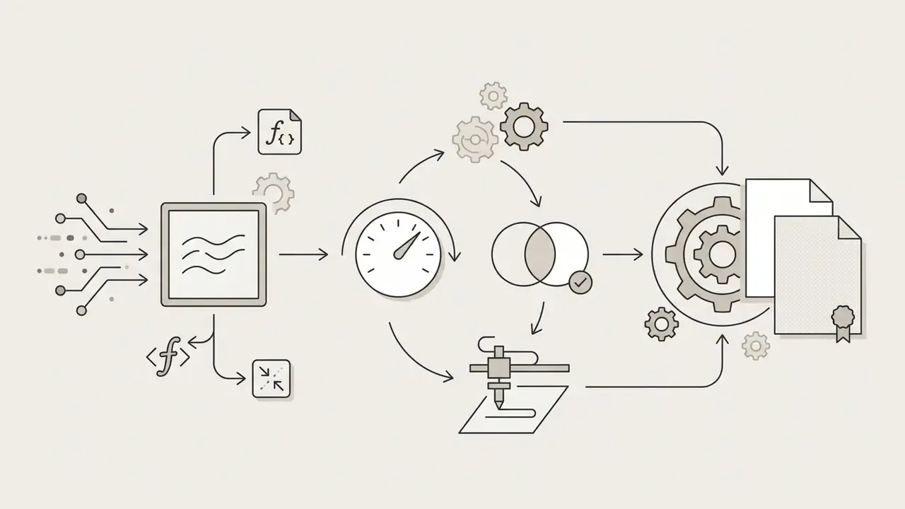 Process flow showing digital inputs transformed into code, plotter paths, and final certified documents