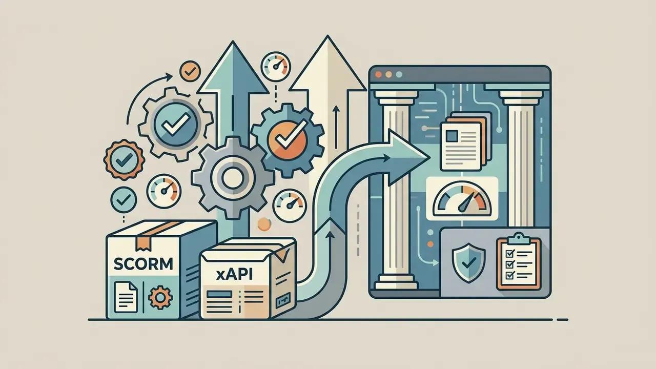 SCORM and xAPI packages moving through gears and arrows into a secure learning management system interface