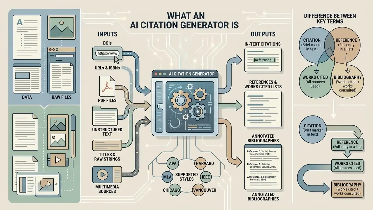 Infographic showing how an AI citation generator processes various data inputs into formatted outputs