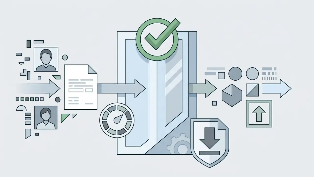 Icons of people and documents flowing through a validated portal to generate protected digital assets