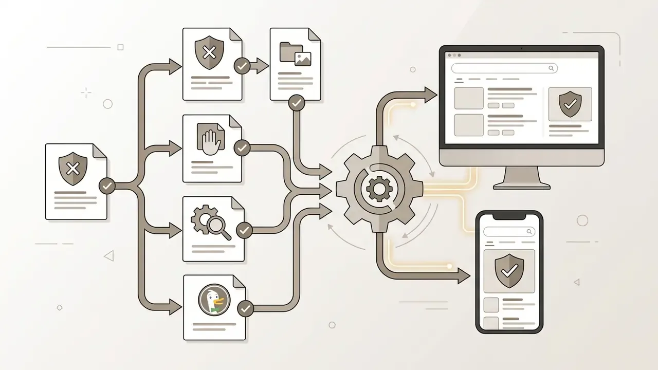 Multiple document processes feeding into a central gear to update desktop and mobile search interfaces