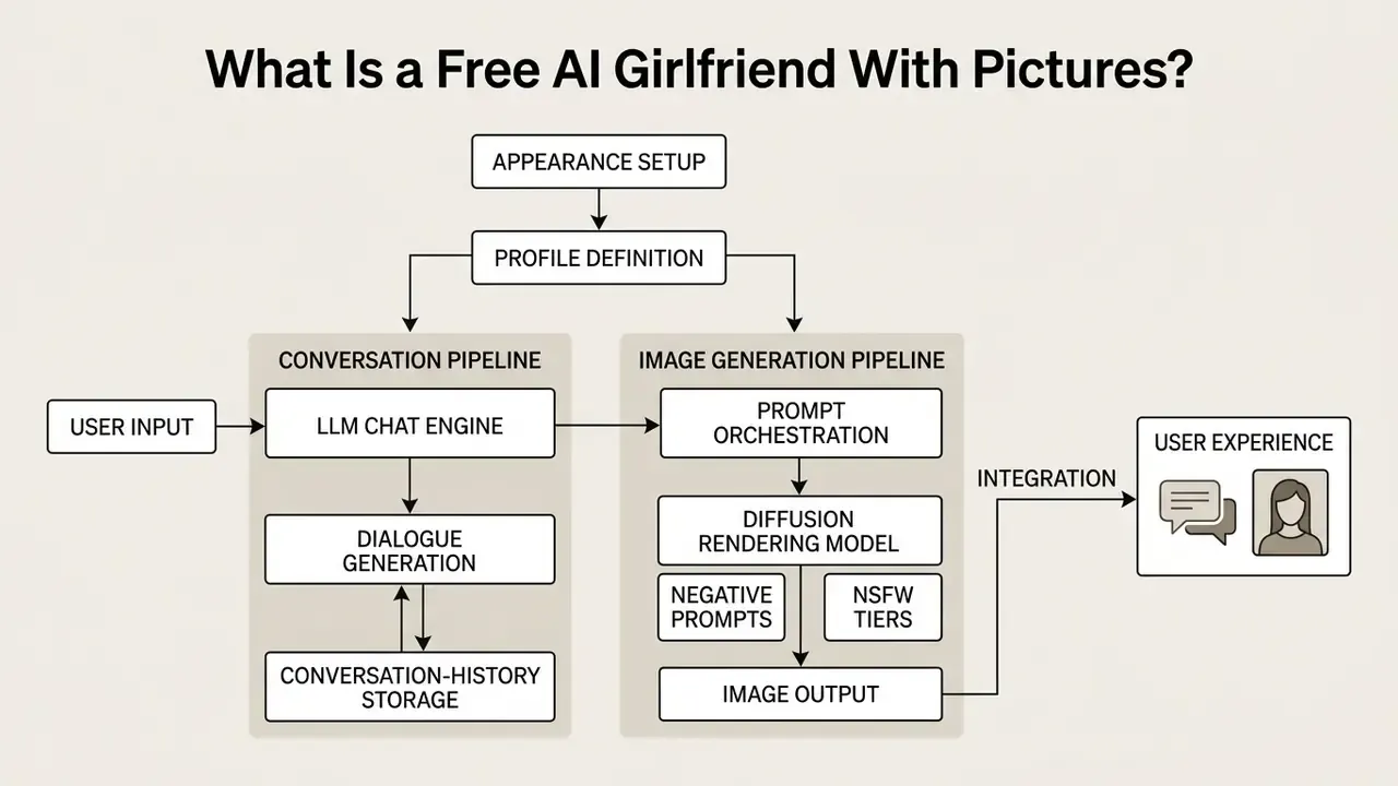 Diagram showing the technical steps for a free AI girlfriend with pictures system