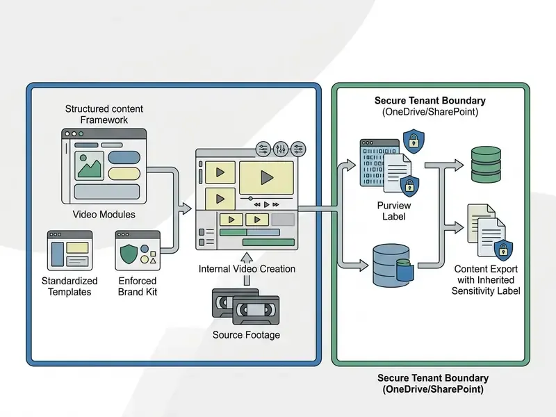 Diagram showing video creation workflow from templates and brand kits to secure tenant storage