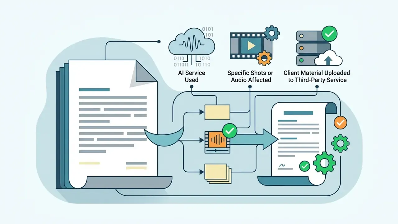 Conceptual diagram showing the process of documenting AI usage for video production compliance