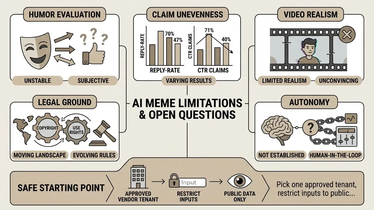 Infographic summarizing technical and legal challenges for AI content with a guide for safe implementation