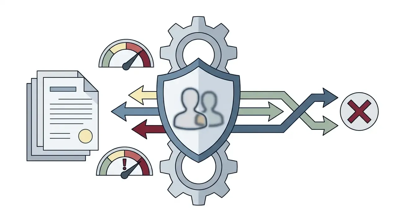 Shield with people icon and gears representing privacy compliance for an ai kissing generator