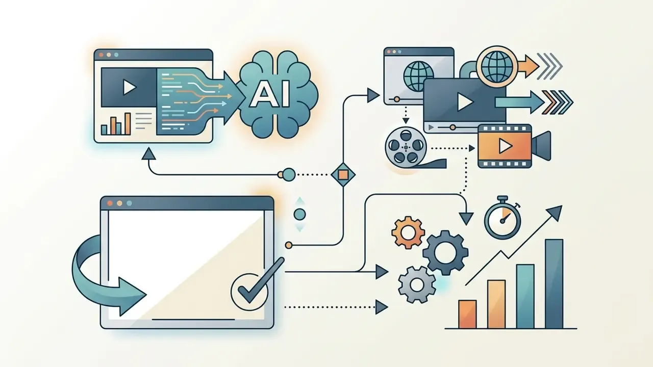 Flowchart showing AI model training, video localization, and efficiency metrics for remote video editor jobs