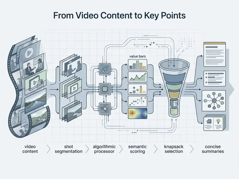 Flowchart showing video content being processed through segmentation, scoring, and filtering into summaries