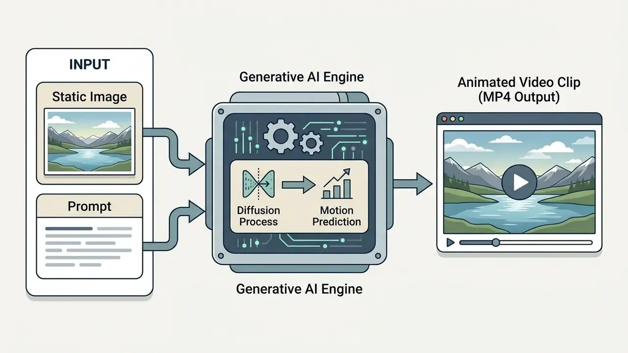 Diagram showing static images and prompts processed by a generative AI engine into animated video clips