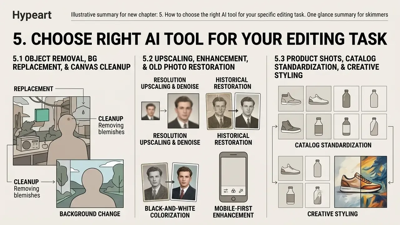 Infographic detailing workflows for object removal, image restoration, and product catalog styling