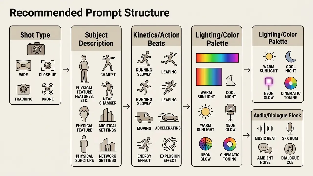 Sequential flow chart outlining categories for prompt creation including shot types, subjects, and audio cues